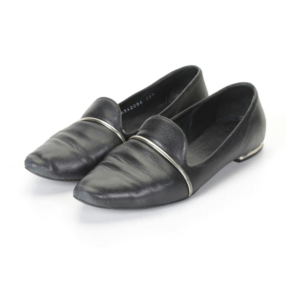 AGL Black Leather Flat Loafers‎ Silver Band Almond Toe N542004 Womens 6 EU 36.5